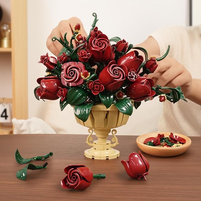 Rose Flower Building Set, 969 PCS Botanicals Flowers Bouquet Building Block Kit with Pot, Artificial Bonsai Plant Collection Office Home Decor, Birthday Gift for Adults Women Boys Girls 12+