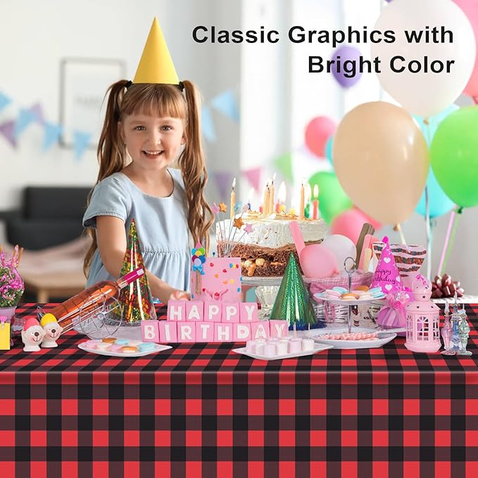 3 Pack Red and Black Checkered Tablecloth, Red Plastic Table Cloths for Parties Disposable, 54 x 108 inch Waterproof Red and Black Gingham Camping Tablecloth for Birthday, Party, Christmas