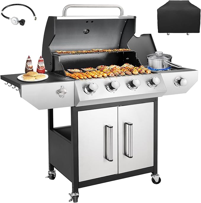 4-Burner Propane Gas BBQ Grill with Side Burner, Barbecue Gas Grill with Enameled Cast Iron Grates for Outdoor Patio Garden Barbecue, 53,000 BTU, Stainless Steel Grill Cover included
