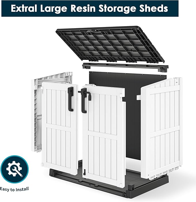 Outdoor Storage Shed 36 Cu. Ft. Resin Garden Horizontal Storage Large Capacity Weather Resistant Storage Box, Lockable Resin Waterproof Shed for Garbage Cans, Garden Tools