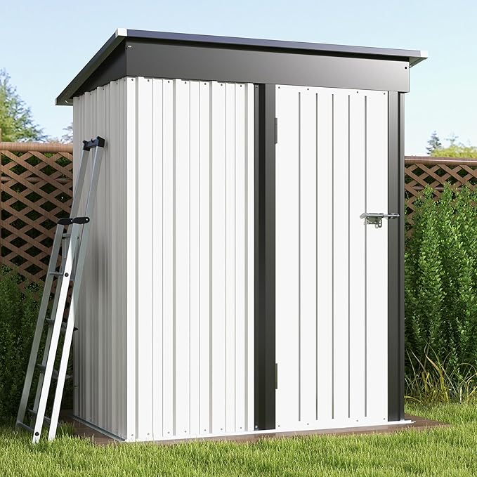 Patiowell 5x3 FT Outdoor Storage Shed, Garden Tool Shed with Sloping Roof and Lockable Door, Metal Shed for Backyard Garden Patio Lawn, White