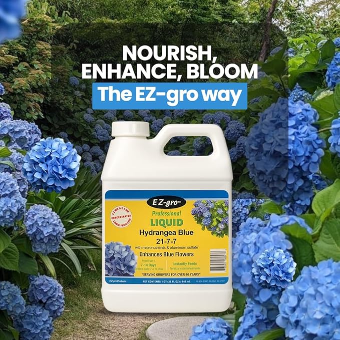 EZ-GRO Hydrangea Fertilizer, Liquid Plant Food 21-7-7 with Aluminum Sulfate for Hydrangeas - Perfect for Blue Flowers | Rhododendrons & Azalea Fertilizer, Ideal Hydroponic Nutrients - 1 qt (32 oz).
