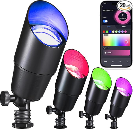 RGB+CCT Low Voltage Outdoor Landscape Lighting with Color Changing,IP65 Waterproof Uplights for Garden and Yard,12V Low Voltage Spotlights,Heavy Duty Accent Fixtures,Remote/APP Control