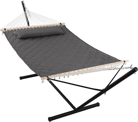 ANOW Double Hammock with 12FT Heavy Duty Steel Stand Included, 2 Person Hammock with Stand for Outdoors, 450 LBS Weight Capacity, Gray