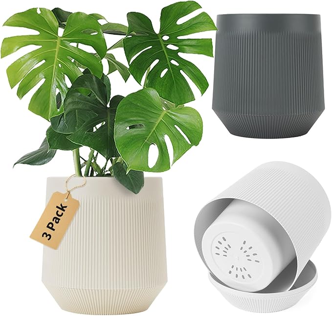 Plant Pots，Set of 3 Plastic Pots for Indoor Plants,Flower Pots Outdoor Planters with Drainage Hole and Seamless Saucer, White,Milky-Yellow,Gray