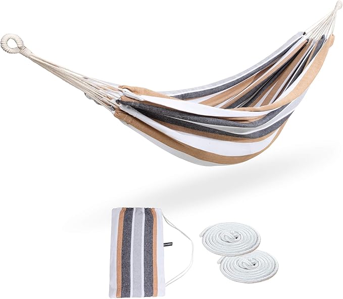 Double Hammock Brazilian Hammocks with Portable Carrying Bag,Soft Woven Fabric, Up to 450 Lbs Hanging for Patio,Trees,Garden,Backyard,Porch,Outdoor and Indoor XXX-Large Brown&Grey Stripe
