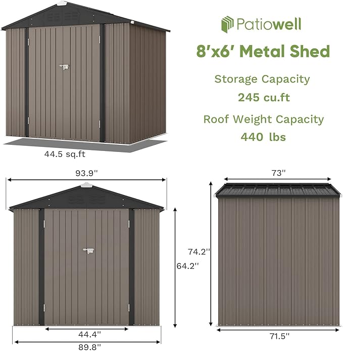 Patiowell 8x6 FT Outdoor Storage Shed, Metal Tool shed & Outdoor Storage with Lockable Doors & Air Vents, for Backyard Garden Patio, Brown