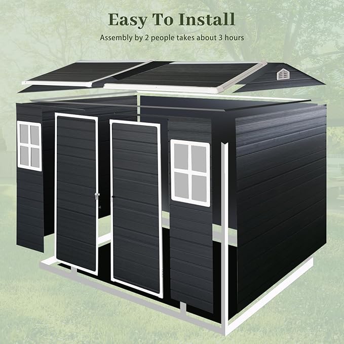 8x4ft Resin Outdoor Storage Shed with Floor and 2 Windows, Plastic Sheds & Outdoor Storage Clearance for Patio Furniture,GardenTools, Bike Accessories and Lawn Mower, Carbon Black