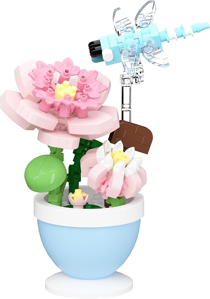 Dragonfly Lotus Mini Flower Cute Insects Potted Plant Bonsai Building Toy Blocks Particle Set Small Flowers Botanical