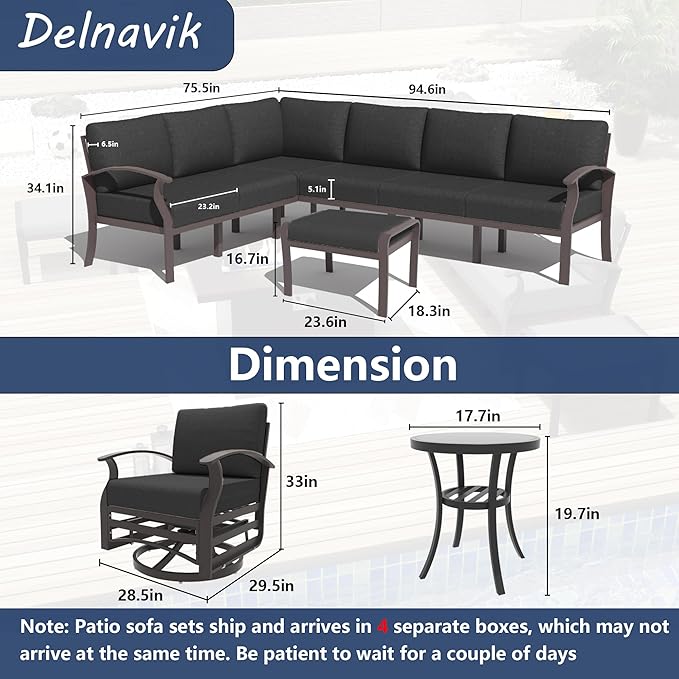 Kurapika Patio Furniture Set 10-Piece Aluminum Sectional Sofa with Armrest, Modern Outdoor Conversation Set, Metal Corner Sofa with Ottoman, Black