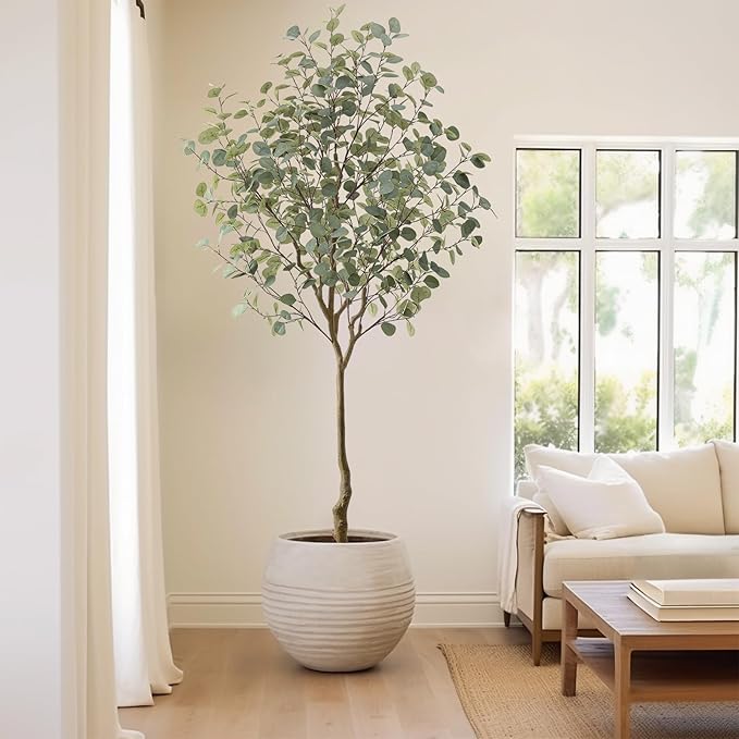 Tall Eucalyptus Tree Artificial，8ft(96in) Faux Eucalyptus Tree with Realistic Silk Leaves， Fake Trees Indoor Outdoor for Home Office Living Room Bedroom Foyer Porch Decor.