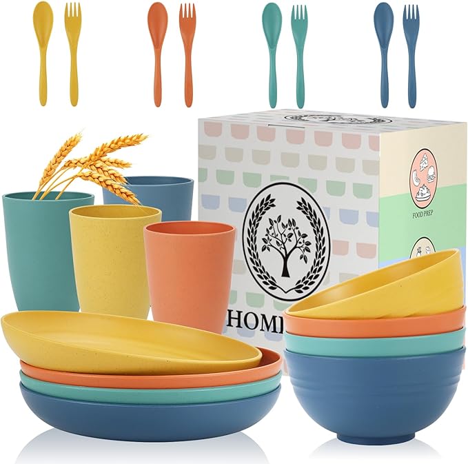 Homienly Wheat Straw Dinnerware Sets, 20pcs Dishes Dinnerware Sets Microwave and Dishwasher Safe, Lightweight Unbreakable Dish Set, Reusable Dinner Plates Kids Plates and Bowls Sets (Multicolor)