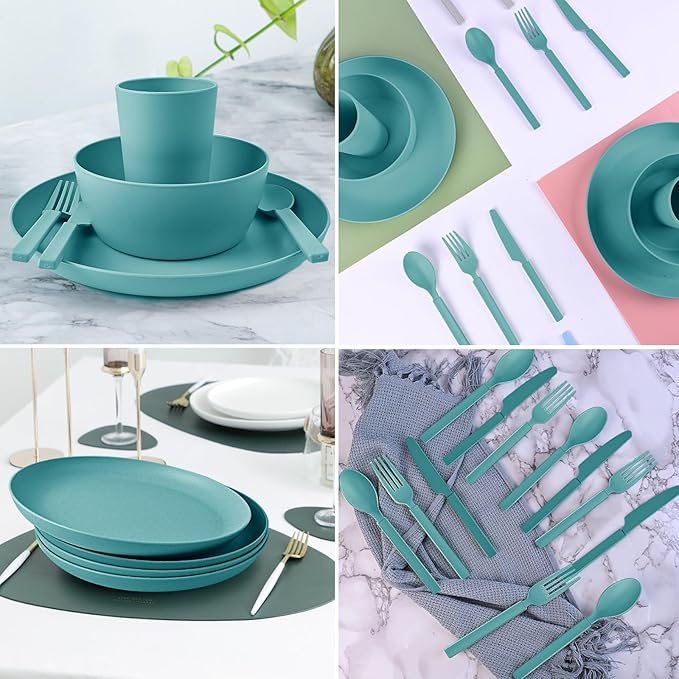 24pcs Wheat Straw Dinnerware Sets, Wheat Straw Plates and Bowls Sets for 4 Microwave Dishwasher Safe Lightweight （Green）