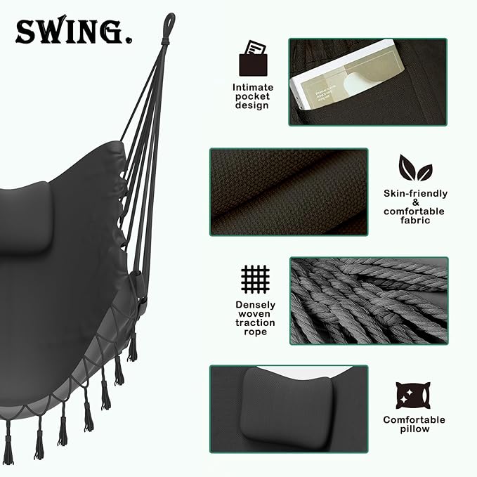 Unique U-Shaped Hammock Chair with Stand,Sturdy & Rust-Resistant,Free Gray Cotton Hammock Chair