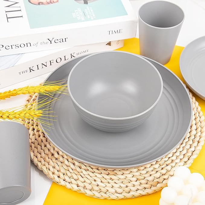LIYH 48 Pcs Grey Plastic Wheat Straw Dinnerware Set - Plates and Bowls Sets, Camping Dish Set for 12, Unbreakable Dishwasher Safe Wheat Straw Plates Bowls Reusable 12 Guests