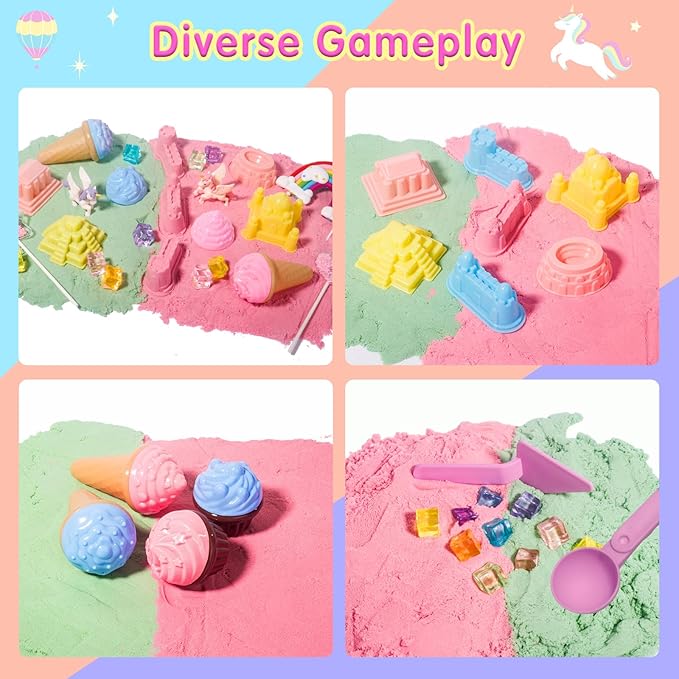 Unicorn Sensory Sand Bin Kit for Girls, Magic Art Unicorn Castle Ice Cream Molds, 2.2lbs Colorful Play Sand, Tools Sandbox with Lid – Great Christmas Birthday Magic Sand Gift for Toddlers 3 4 5 6 7 8