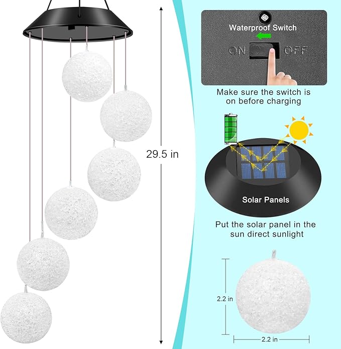 Ball Solar Wind Chimes Color Changing Lights Outdoor, Best Gifts for Mom Grandma Women Wife Aunt Daughter Sister, Unique Mobile Wind Chime, Gardening Yard Decorations