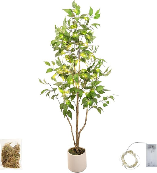 Artificial Fake Ficus Tree 5FT Tall 1Pack with String Lights & White Planter & Free Moss, Artificial Plants Indoor, Artificial Trees for Home Decor Indoor, Faux Ficus Tree