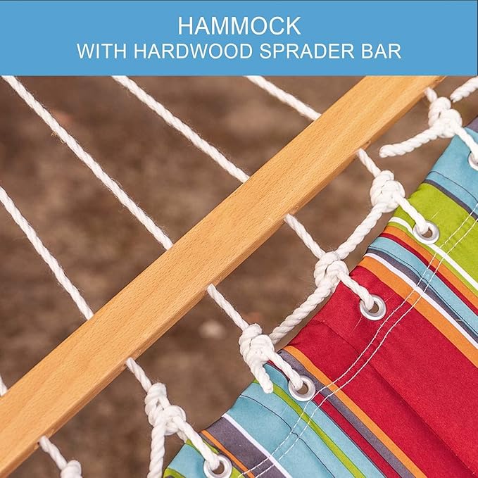 Lazy Daze Hammocks 12 FT Quilted Fabric Double Hammock with Spreader Bars and Detachable Pillow, 2 Person Hammock for Outdoor Patio Backyard Poolside, 450lbs Weight Capacity, Blue&Red Stripes