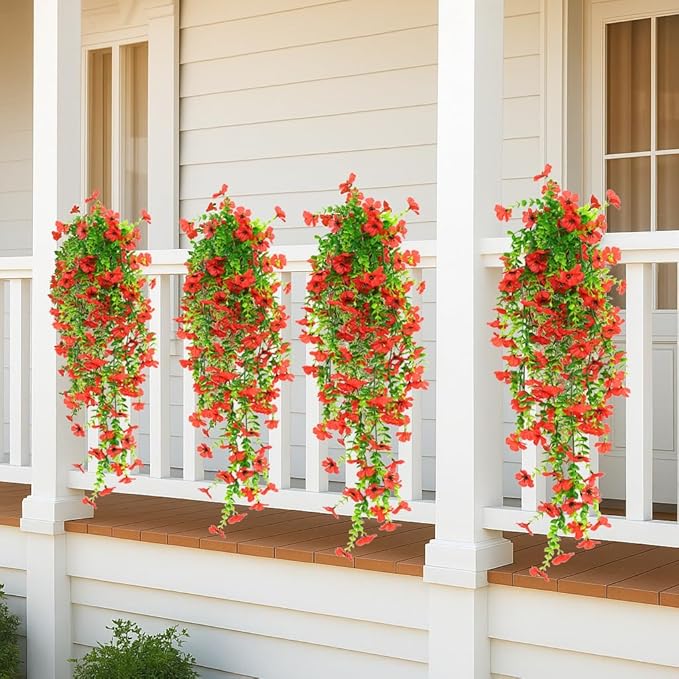 8PCS Artificial Flowers for Outdoors,Hanging Outdoor Faux Plants,UV Resistant Fake Flowers for Outdoor Planters,Realistic Fake Plants Spring Decor for Porch,Patio,Yard (Red)