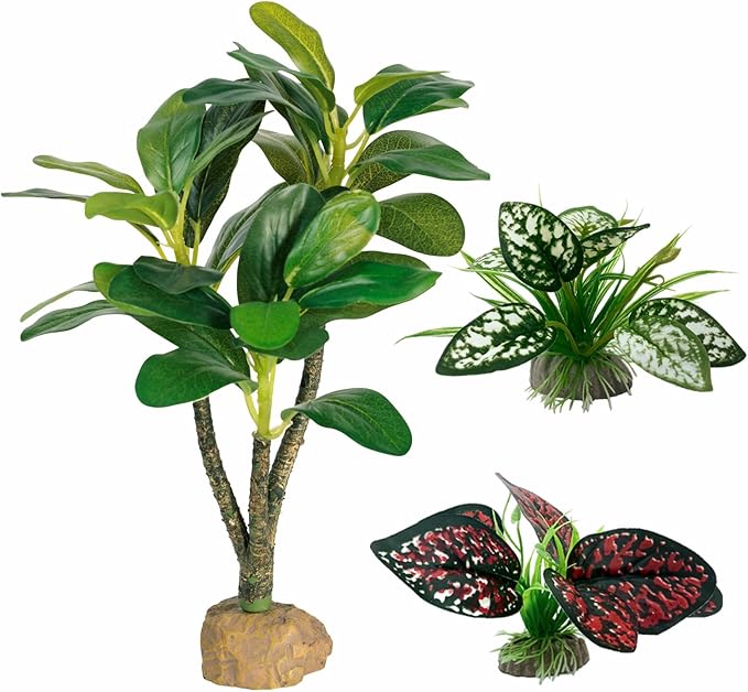 Reptile Artificial Plants, Big Terrarium Plants Decorations Supplies, Aquarium Fish Tank Plants, Amphibian Habitat Hideout Tank Accessories(L Set-3pcs/H)