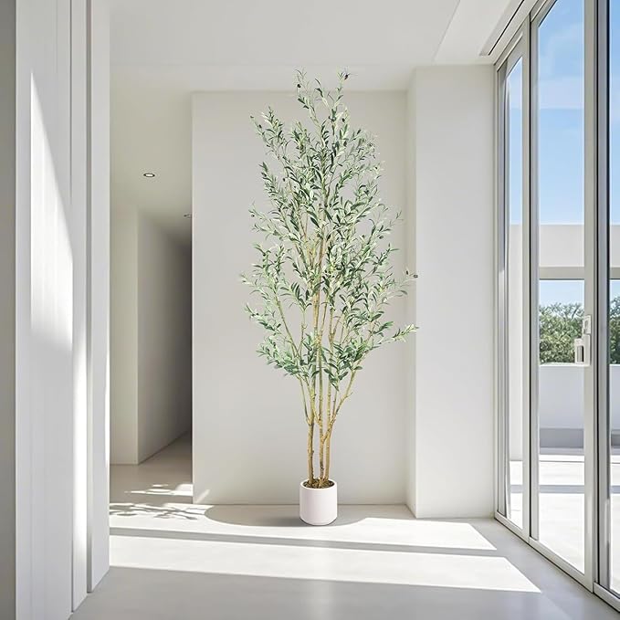 Artificial Fake Olive Tree 8FT Tall 1Pack with White Planter Faux Silk Olive Tree for Home Living Room Office Decor Faux Artificial Plants Indoor with Fruit & Free Moss