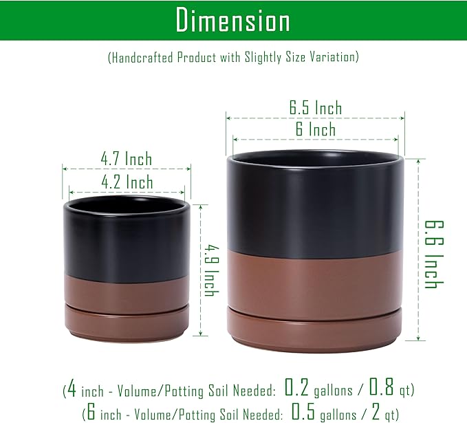 D'vine Dev 4.7 Inch & 6.5 Inch Ceramic Planter Pots for Plants with Drainage Hole and Saucer, Small Plant Pots Set, Black/Speckled Tan, 94-G-S-7