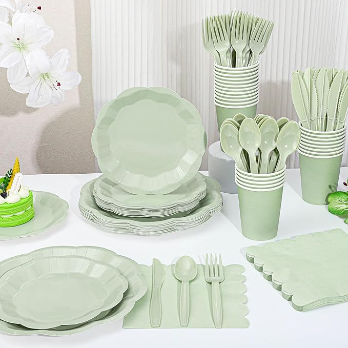 175 Pcs Sage Green Plates and Napkins Set, 25 Guest Sage Green Party Supplies Include Scalloped Plate Napkin Cup Forks Knives Disposable Plastic Cutlery for Wedding Baby Shower Birthday