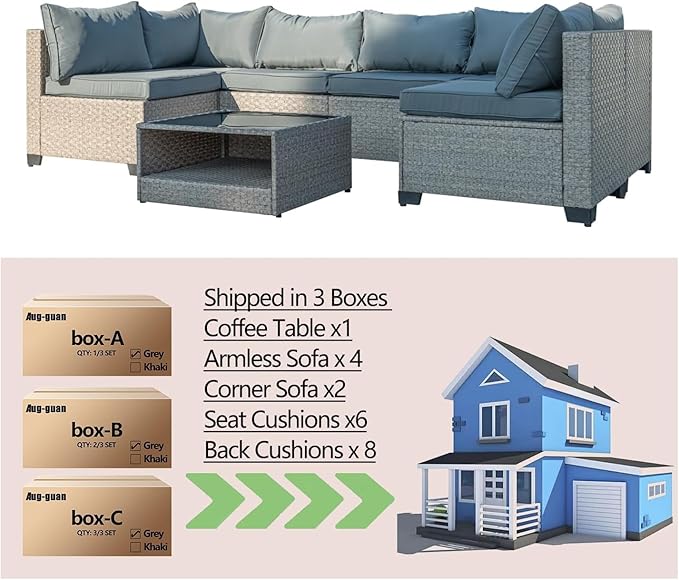 Patio Furniture Set 7-Piece, All-Weather Outdoor Conversation Set Sectional Sofa with Water Resistant Grey Thick Cushions and Coffee Table（Grey）