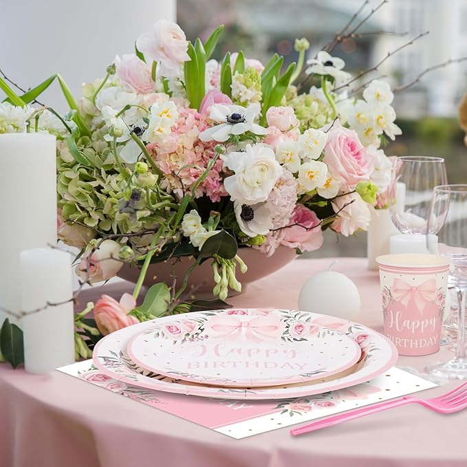 350 Pcs Coquette Pink Bow Happy Birthday Paper Plate Cute Disposable Tableware Set With Knives Fork Napinks for Baby Shower Birthday Party Favor Supplies Decorations Serves 50 Guests