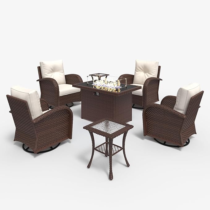 LayinSun 7 Pieces Outdoor Patio Furniture Set with Fire Pit Table, Rattan Wicker Sectional Swivel Rocker Chairs Sets