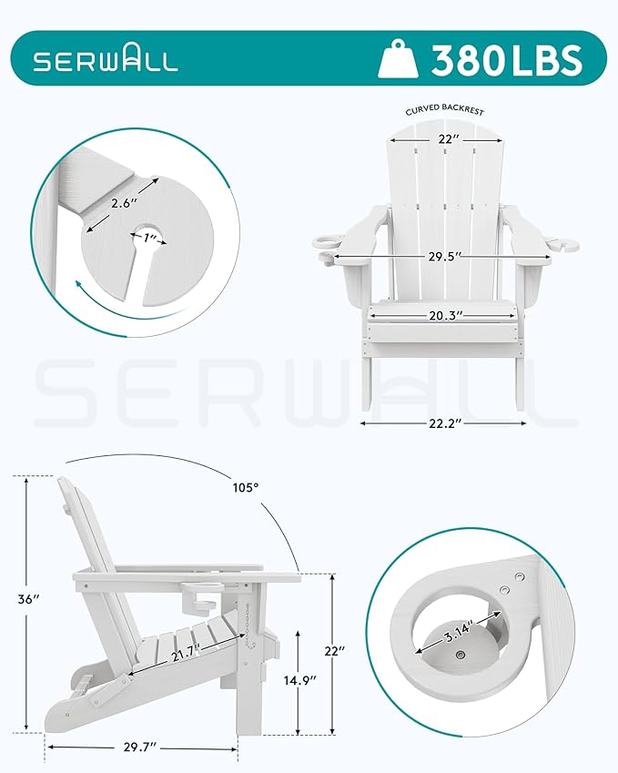 SERWALL Folding Adirondack Chair, Dual Cup Holders & All-Weather HDPE, Wood-Like Patio Chair for Backyard, Camping，Pool & Fire Pit- White