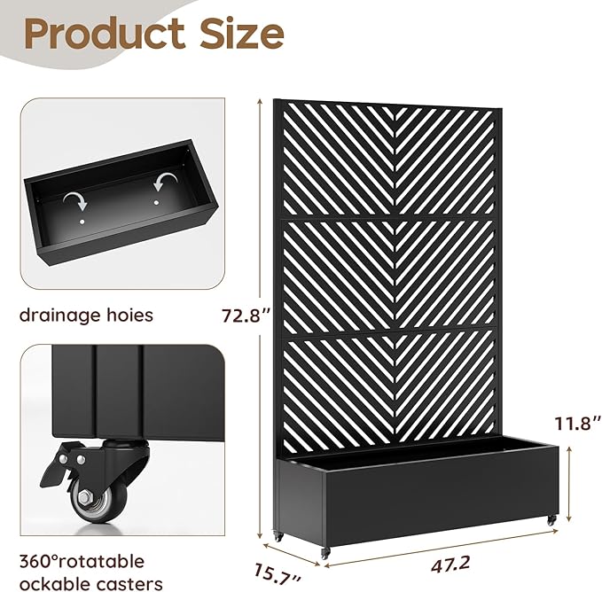 Metal Raised Garden Bed with Trellis & Wheels,70" x 47"x 15.7" Planter Box with Trellis,Privacy Planters for Patio,Garden Bed for Climbing Plants,Suitable for Climbing Plants and Vegetables,Black