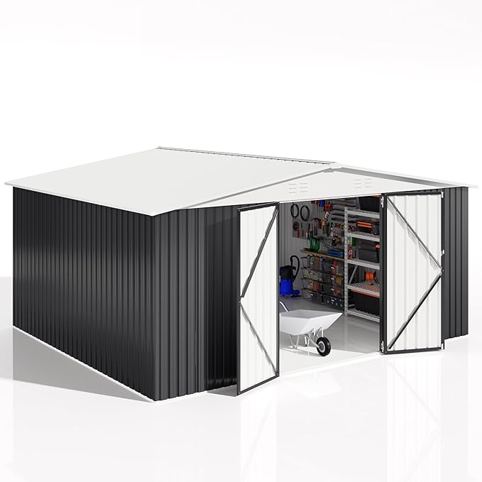 VIWAT 12x14 FT Outdoor Storage Shed, Garden Shed with Updated Frame Structure and Lockable Doors, Metal Tool Sheds for Backyard Garden Patio Lawn, White