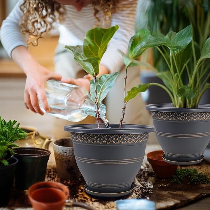 10 Inch 4 Pack Plant Pots, Plastic Flower Pot for Indoor & Outdoor with Drainage Holes & Saucer, Plaid Pattern Planters Garden Pots for Herbs