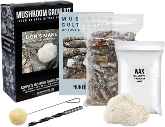 North Spore Organic Lion's Mane Outdoor Mushroom Log Growing Kit | Includes 100 ct. Bag of Plug Spawn | Complete Log Starter Kit with Instructions | Handmade in Maine, USA