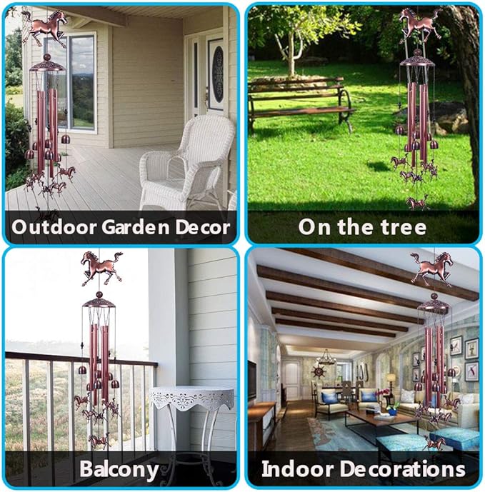 Horse Wind Chimes Decor- 37 Inch Pure Hand-Made Waterproof Metal Musical Wind Bells with 4 Aluminum Tubes 6 Bells Mobile Wind Catcher Romantic Wind Chime for Home, Festival, Indoor/Outdoor Decoration