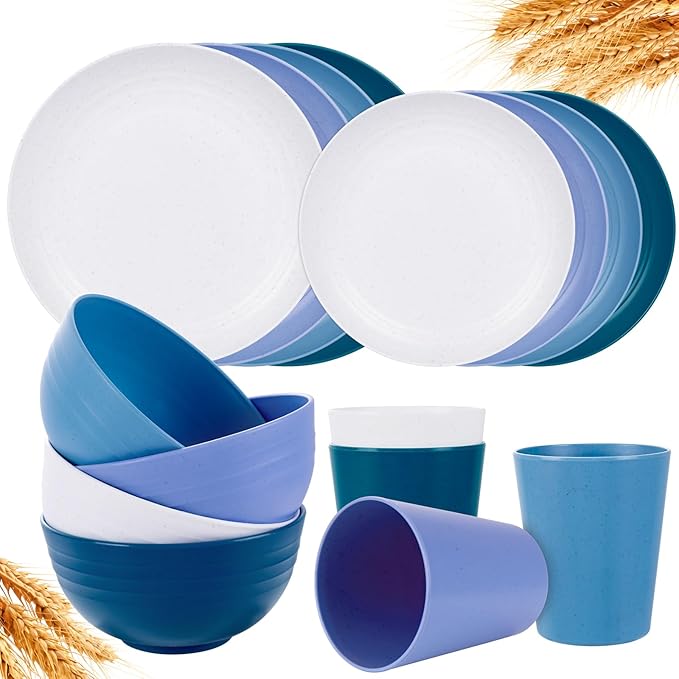 Rubtlamp 16pcs Wheat Straw Dinnerware Set, Unbreakable Plates And Bowls Sets of 4, Plastic Plates Set Reusable (Cold Four Colors) for Camping