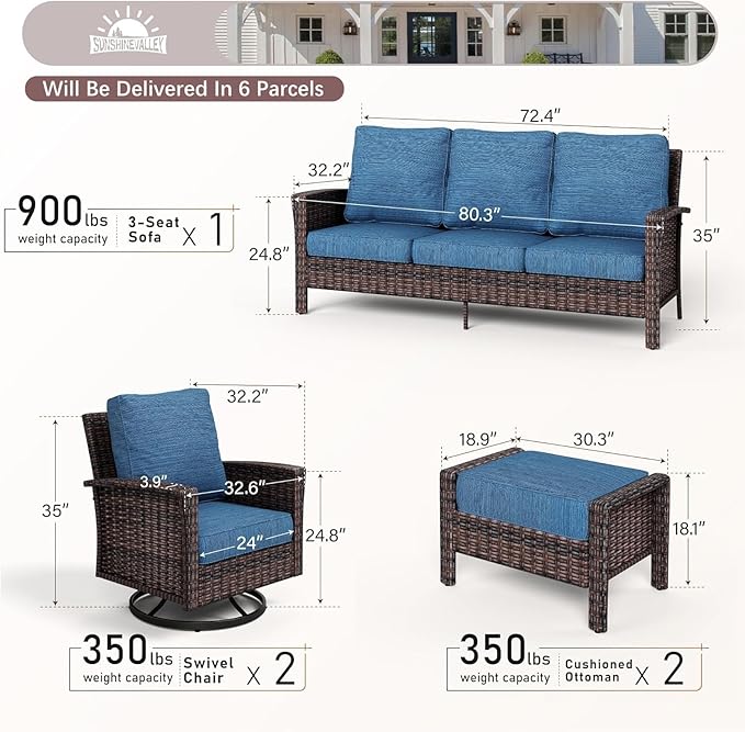 Patio Furniture Set with Swivel Chairs, High Back Wicker Rattan Sofa Chairs with 5.5" Thick Cushion and 2 Ottoman, Outdoor Conversation Set for Backyard Deck, Blue