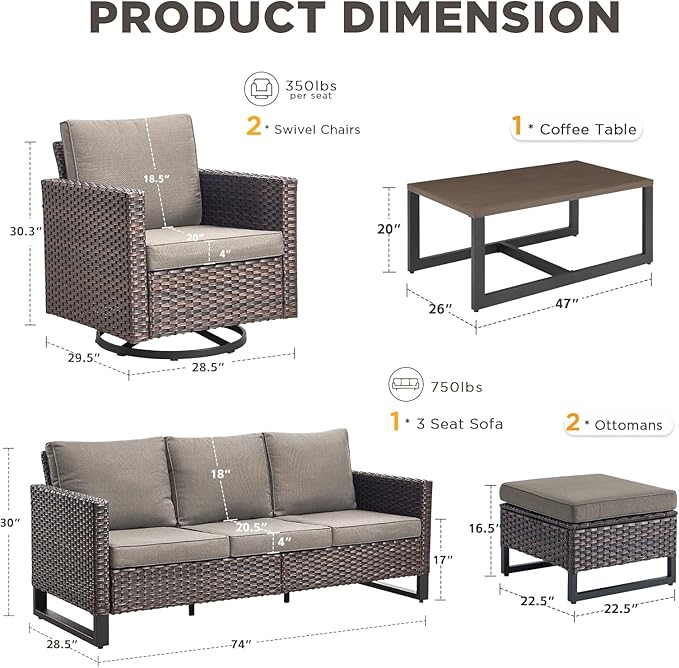 6 Pieces Patio Furniture Set-All Weather Outdoor Swivel Rocker Patio Chairs with 3-Seat Section Couch and Rattan Coffee Table Outdoor Conversation Sets for Garden Backyard Deck(Brown/Grey)