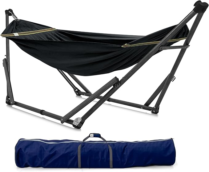Tranquillo Uniki Collapsible Hammock, Folding Camping Hammock and Stand, 550 lbs Capacity Hammock with Stand, Heavy Duty Folding Hammock for Indoor Outdoor, Black