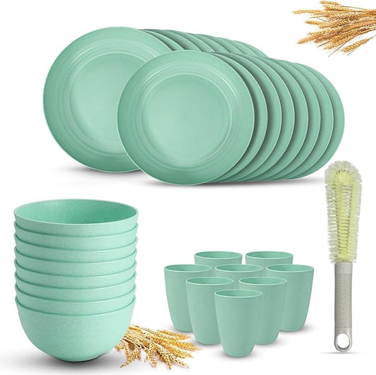 Kitchen Wheat Straw Dinnerware Sets (33pcs) Attached cleaning brush,Service For 8,Plastic Plates and Bowls Sets,Unbreakable Dinnerware,Lightweight Plastic Plate Set (Light green)