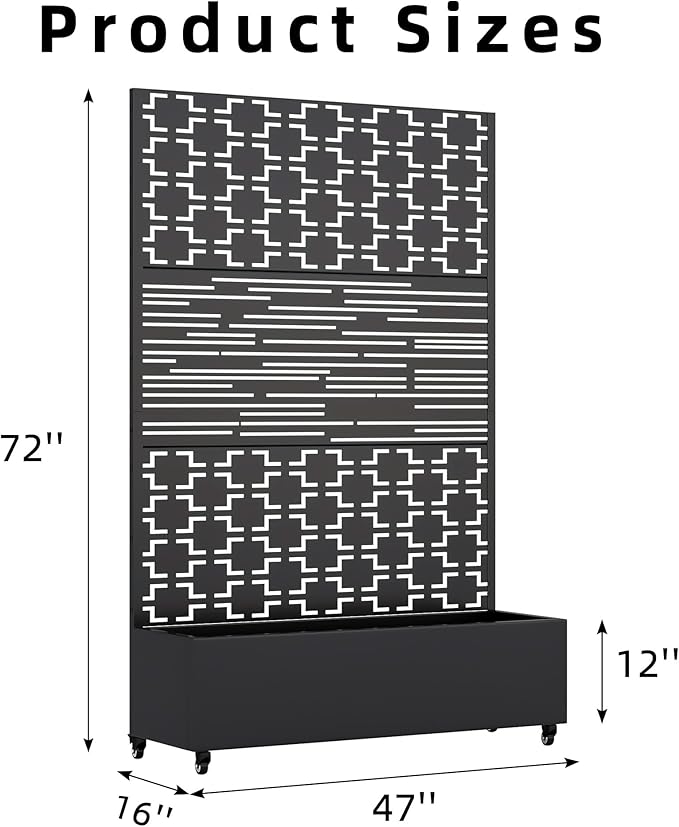 Casaphoria Metal Raised Garden Bed with Trellis and Wheels, 72"x47"x16" Planter Box for Climbing Plants, Vegetables & Vines, Features Drainage Holes and Privacy Screen, Black(Parallel&Louvered)
