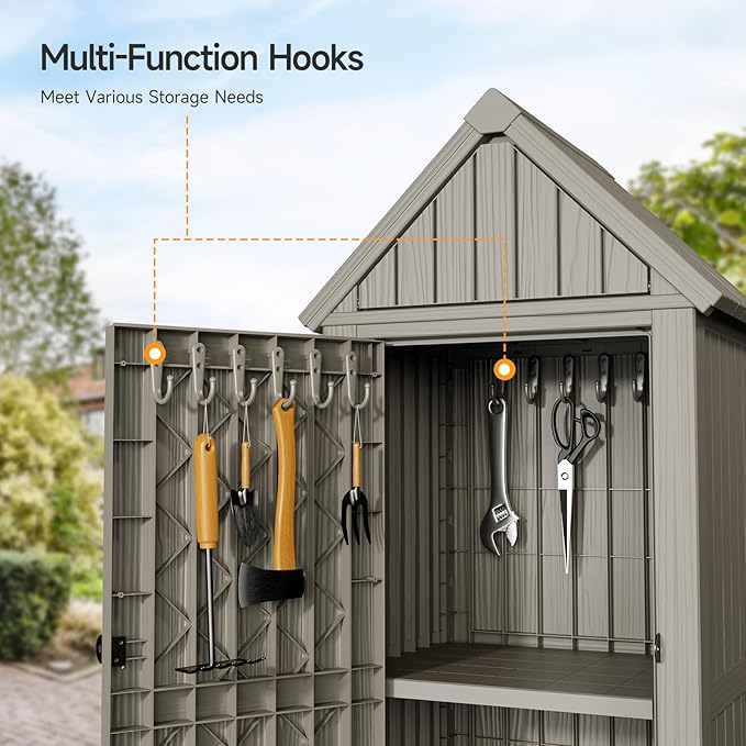 ONBRILL Multifunctional Storage Shed, Outdoor Storage Cabinet with Hooks and Lock Ring, Waterproof Outdoor Storage Shed for All Weather, Tool Outdoor Shed for Patio Lawn and Garden