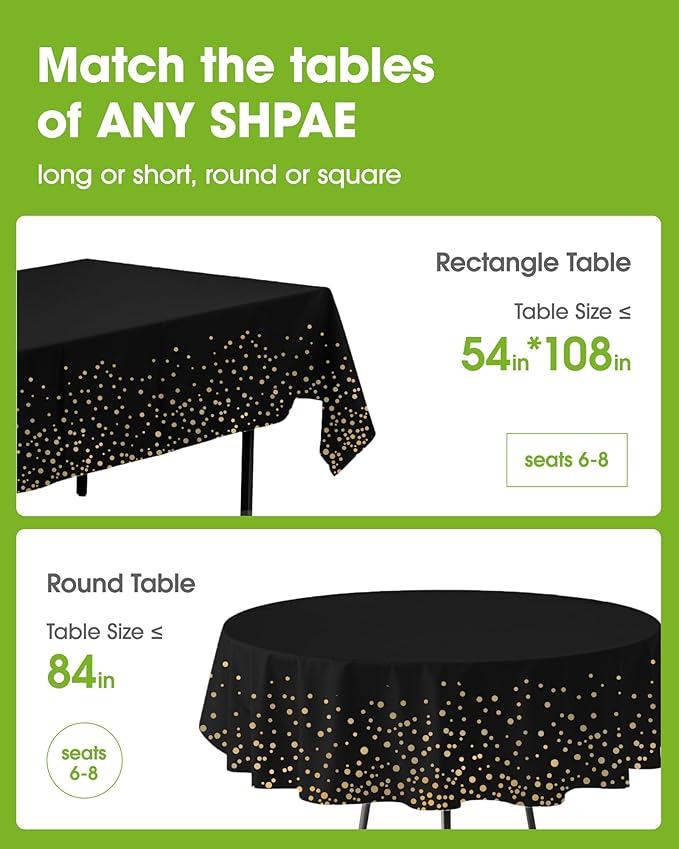 Pureegg Plastic Table Cloth Disposable 8 Pack, 54 x 108 Inch Table Cloths, Graduation Decorations Class of 2025, Graduation Tablecloths, Rectangle, Plastic Cover, Leakproof & Sturdy, Black and Gold