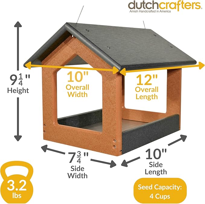DutchCrafters Amish USA Made Recycled Plastic Large Hanging Modern Fly Through Covered Roof Open Platform Tray Bird Feeder for Outdoors, Garden, Yard (Black & Bright Cedar)