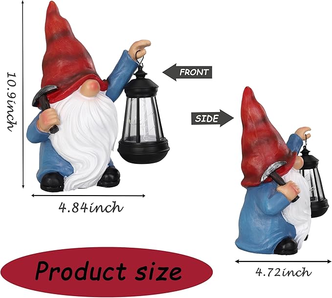 Garden Gnome Outdoor Decoration with Hammer Solar Gnomes Figurines with Lantern LED Lights Yard Lawn Patio Porch Decoration Gift for Woman Mother's Day Birthday Housewarming Gifts