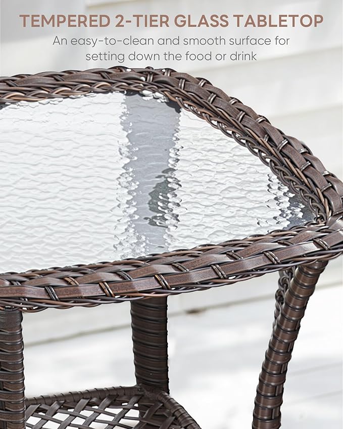 3 Piece Patio Brown Wicker Chairs with Side Table - Outdoor High Back Heavy Duty All-Weather Lawn Dining Rattan Chair Conversation Bistro Set for Deck Porch Balcony Backyard Garden - Beige