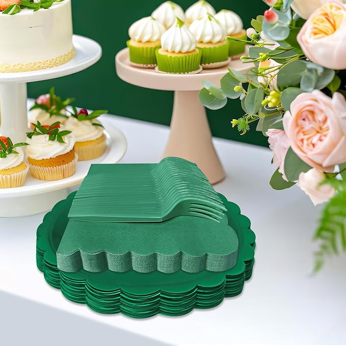 Dark Green Paper Plates and Napkins,7 Inch Dark Green Scalloped Disposable Dessert Plates Paper Napkin Fork Party Supplies for Wedding Baby Shower Birthday(25 Guest)