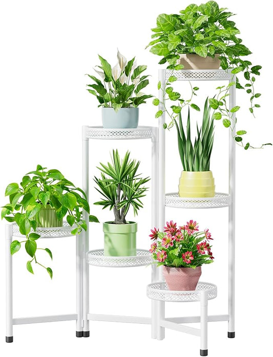 iDavosic.ly Plant Stand Indoor Outdoor, 6 Tier Corner Metal Flower Display Holder Shelf, Folding Tall Orchid Rack for Patio Balcony Porch Garden Living Room House, Wrought Iron - White